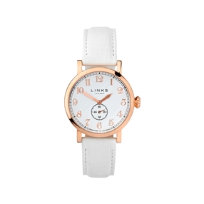 Greenwich Womens Rose Gold Plate & White Leather Watch-