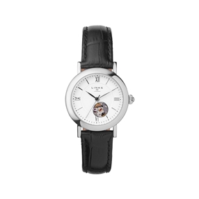 Noble γυναικείο αυτόματο ρολόι από ατσάλι με μαύρο δερμάτινο λουράκι-